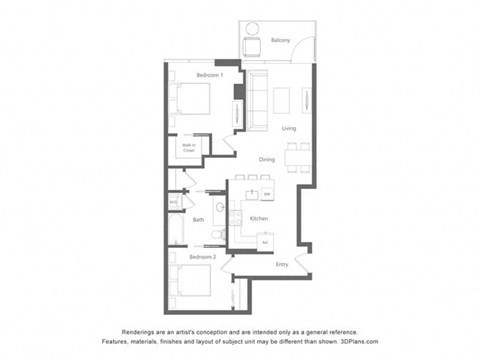 Floor plan for 1 bed, 1 bath, 910 sqft